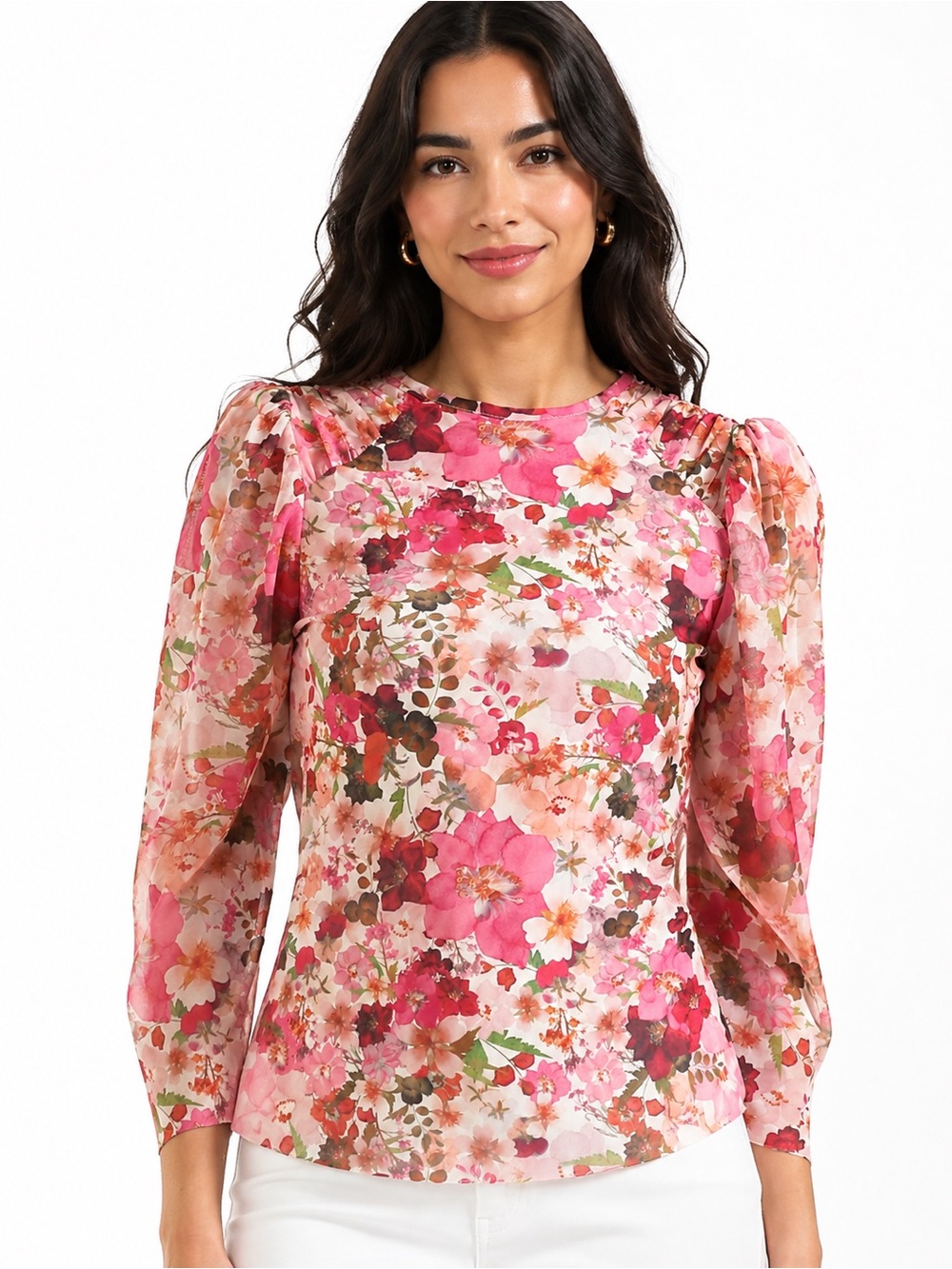 Ted Baker Pink Floral Gathered Sleeve Stretch Mesh Top